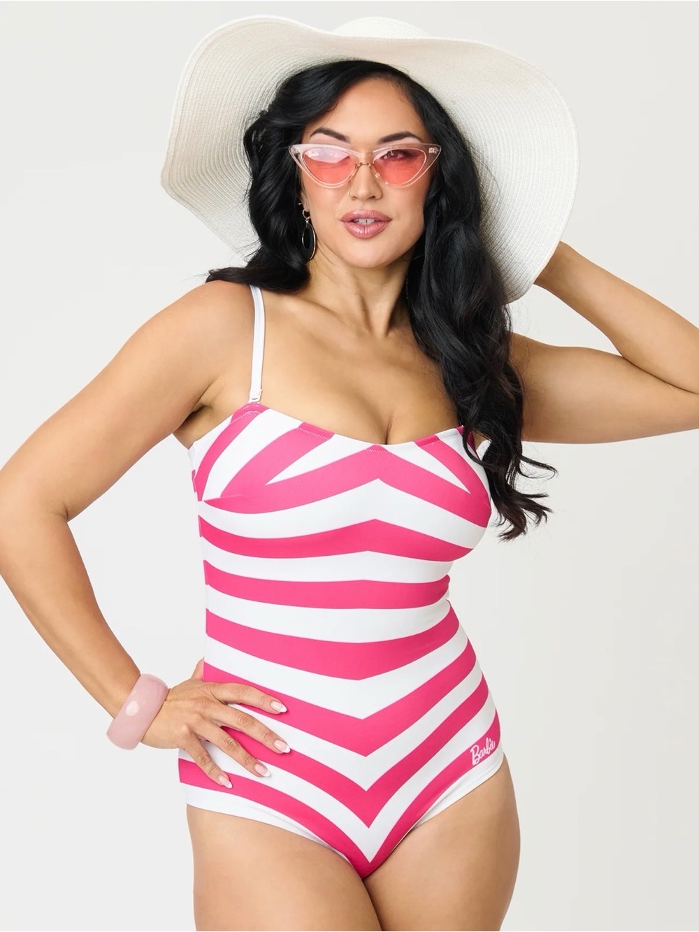 Barbie™ x Unique Vintage Pink & White Chevron Stripe One Piece Bathing Suit